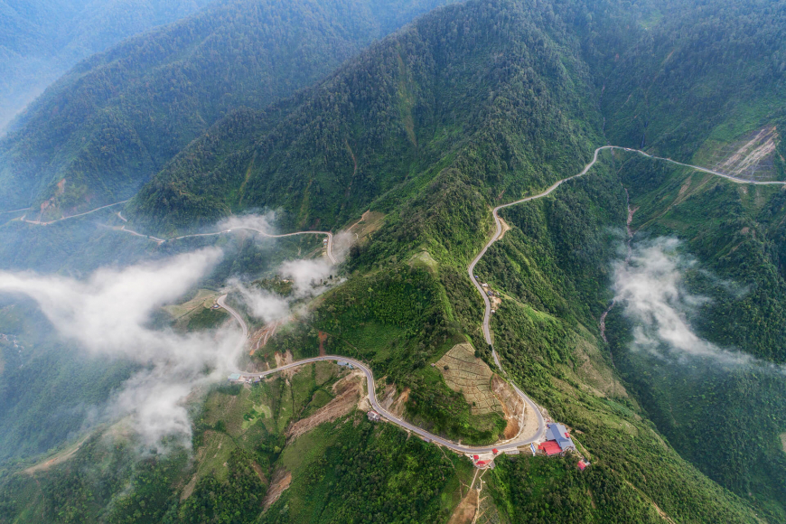 Aerial view of Khau Pha pass from Mu Cang Chai to Tu Le